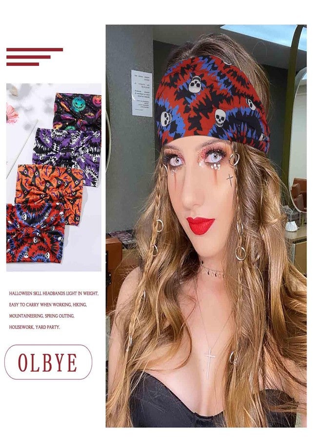 Olbye Headbands for Women Wide Knotted Headband Turban Non Slip Hairbands Elastic Pumpkin Hairband Skull Head Bands Workout Head Wraps Yoga Hair Scarf Halloween Hair Accessories for Women 4Pcs (C) - Image 3