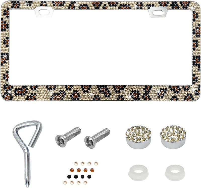 SHMZK Bling License Plate Frame, Handcrafted Rhinestone License Plate Holder with Mounting Kit, Sparking Diamond Stainless Steel License Plate Cover for Women, Car Accessories (Leopard) Integrated practical design - Image 1