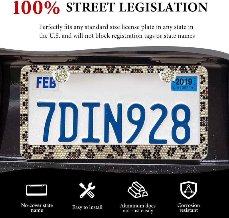 SHMZK Bling License Plate Frame, Handcrafted Rhinestone License Plate Holder with Mounting Kit, Sparking Diamond Stainless Steel License Plate Cover for Women, Car Accessories (Leopard) Integrated practical design - Image 3