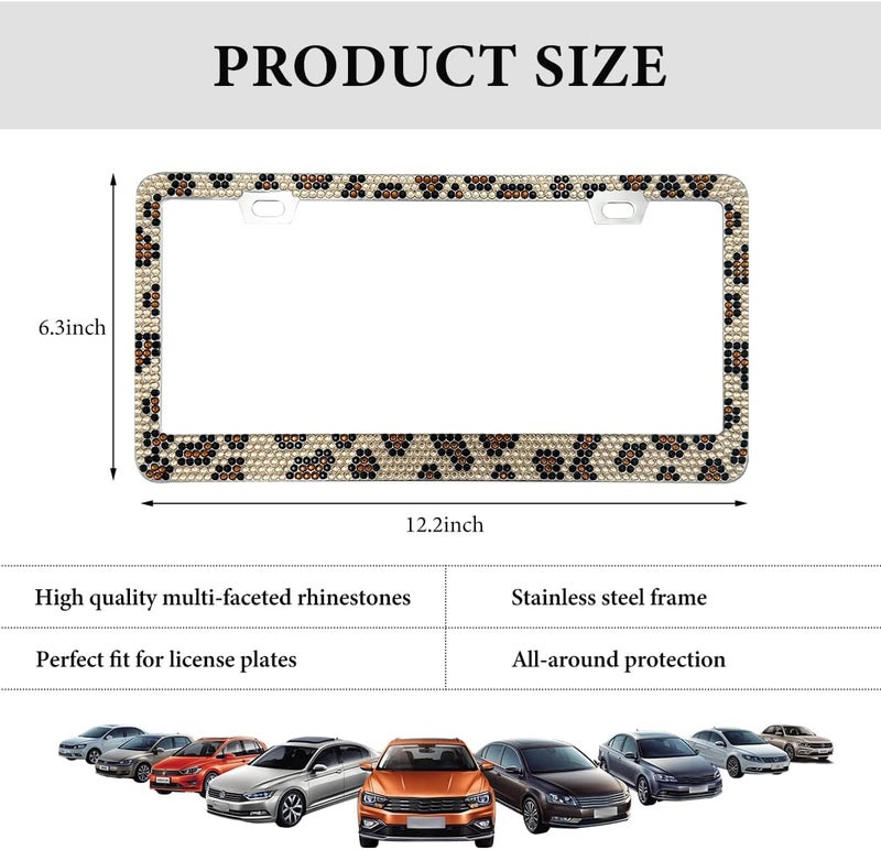 SHMZK Bling License Plate Frame, Handcrafted Rhinestone License Plate Holder with Mounting Kit, Sparking Diamond Stainless Steel License Plate Cover for Women, Car Accessories (Leopard) Integrated practical design - Image 2
