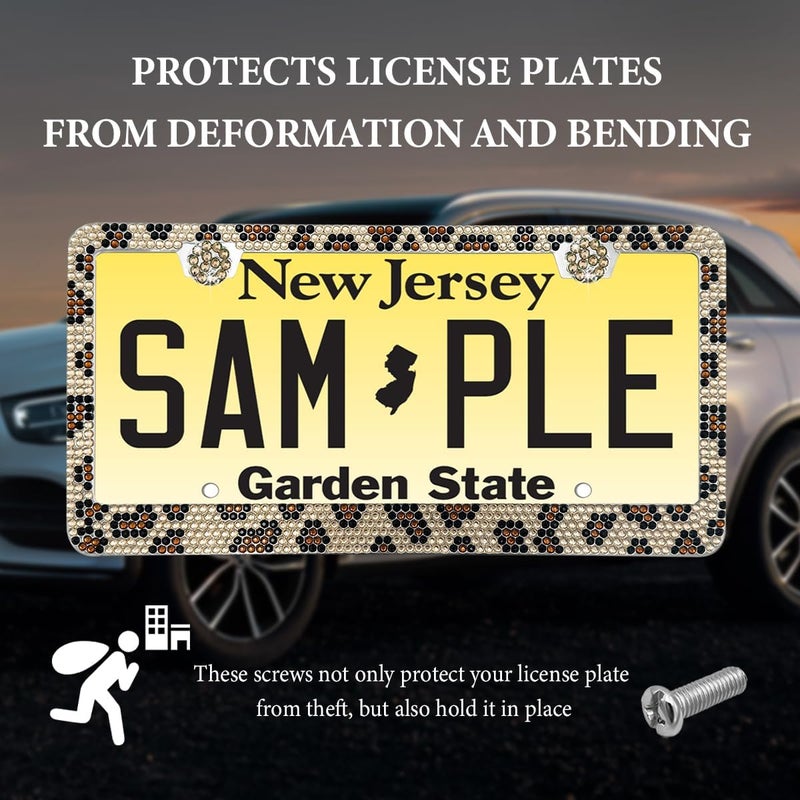 SHMZK Bling License Plate Frame, Handcrafted Rhinestone License Plate Holder with Mounting Kit, Sparking Diamond Stainless Steel License Plate Cover for Women, Car Accessories (Leopard) Integrated practical design - Image 5