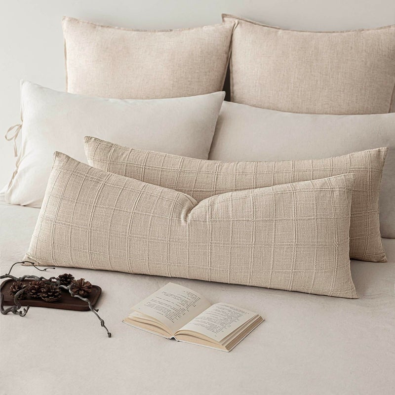 Foindtower Set of 2 Decorative Linen Check Throw Pillow Covers Neutral Long Body Lumbar Cushion Covers Farmhouse Vintage Home Decor for Sofa Chair Couch Bedroom Living Room,14Ã—36 Inch,Natural Linen - Image 1