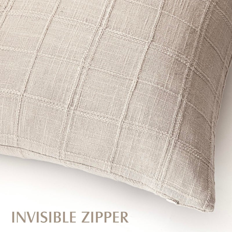 Foindtower Set of 2 Decorative Linen Check Throw Pillow Covers Neutral Long Body Lumbar Cushion Covers Farmhouse Vintage Home Decor for Sofa Chair Couch Bedroom Living Room,14Ã—36 Inch,Natural Linen - Image 3