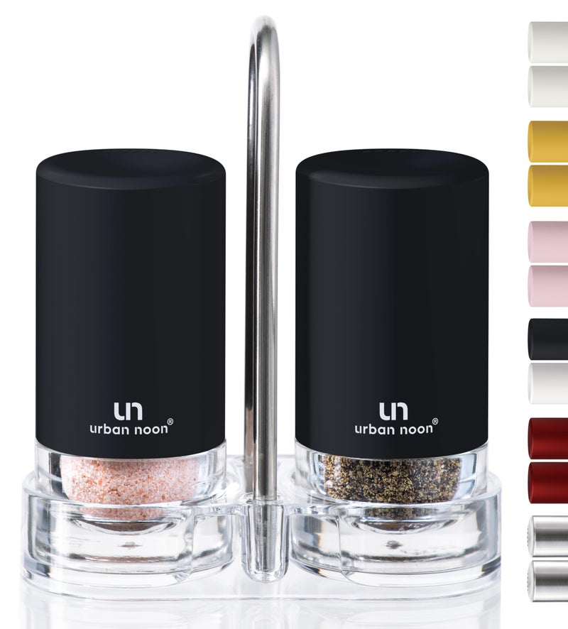 Black Salt and Pepper Shakers with Holder  Elegant Stainless Steel Salt Shaker and Pepper Shaker Set with Acrylic Holder for Kitchen Counter or Restaurant Table