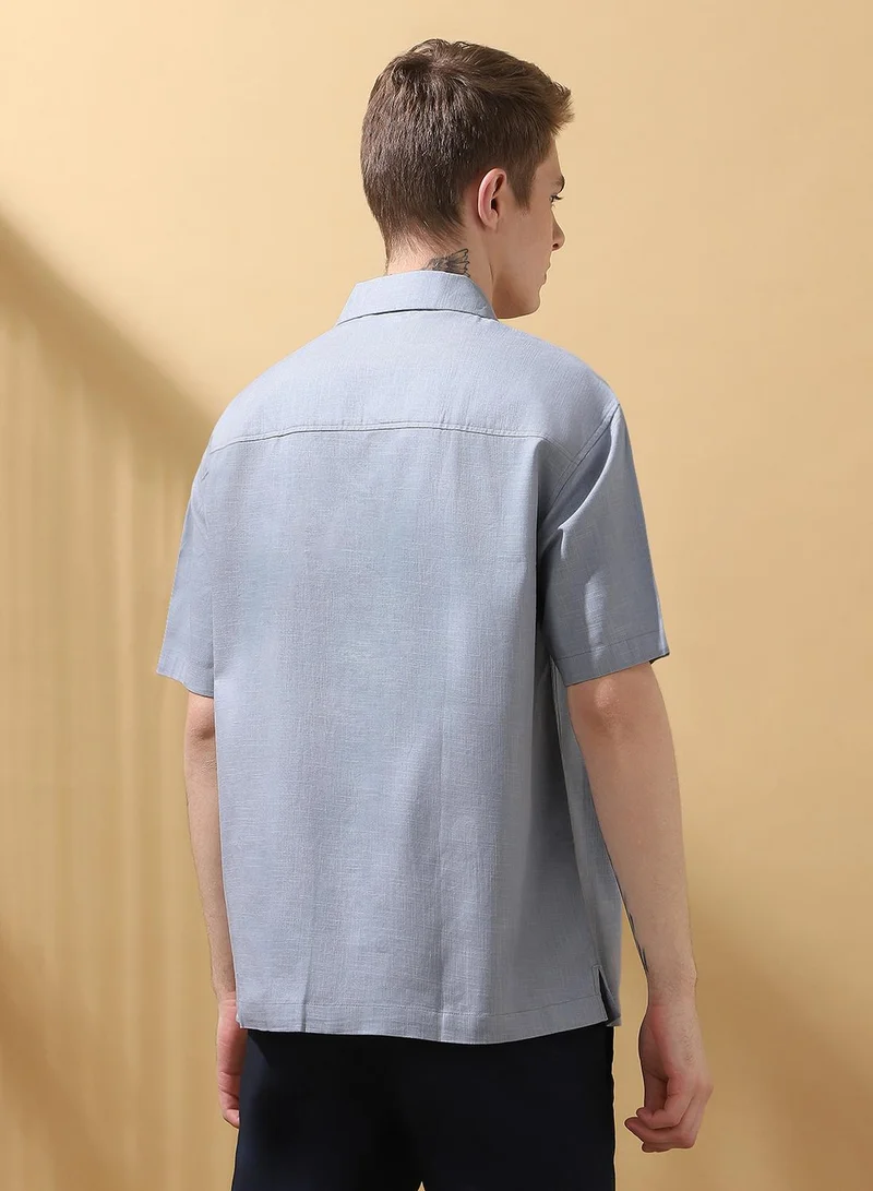 Dennis Lingo Men's Light Blue Cotton Blend Textured Button Down Relaxed Shirt
