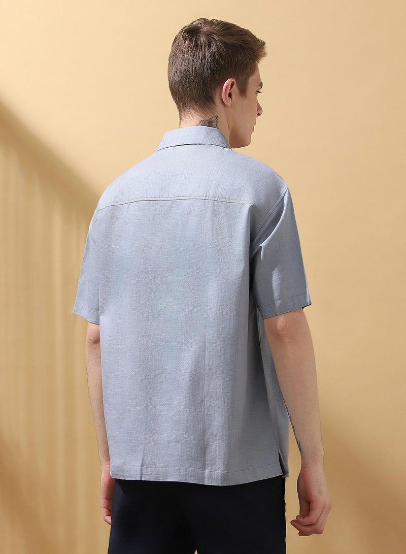 Dennis Lingo Men's Light Blue Cotton Blend Textured Button Down Relaxed Shirt  - Image 3