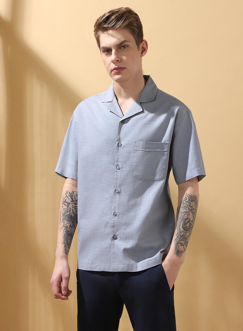 Dennis Lingo Men's Light Blue Cotton Blend Textured Button Down Relaxed Shirt  - Image 1