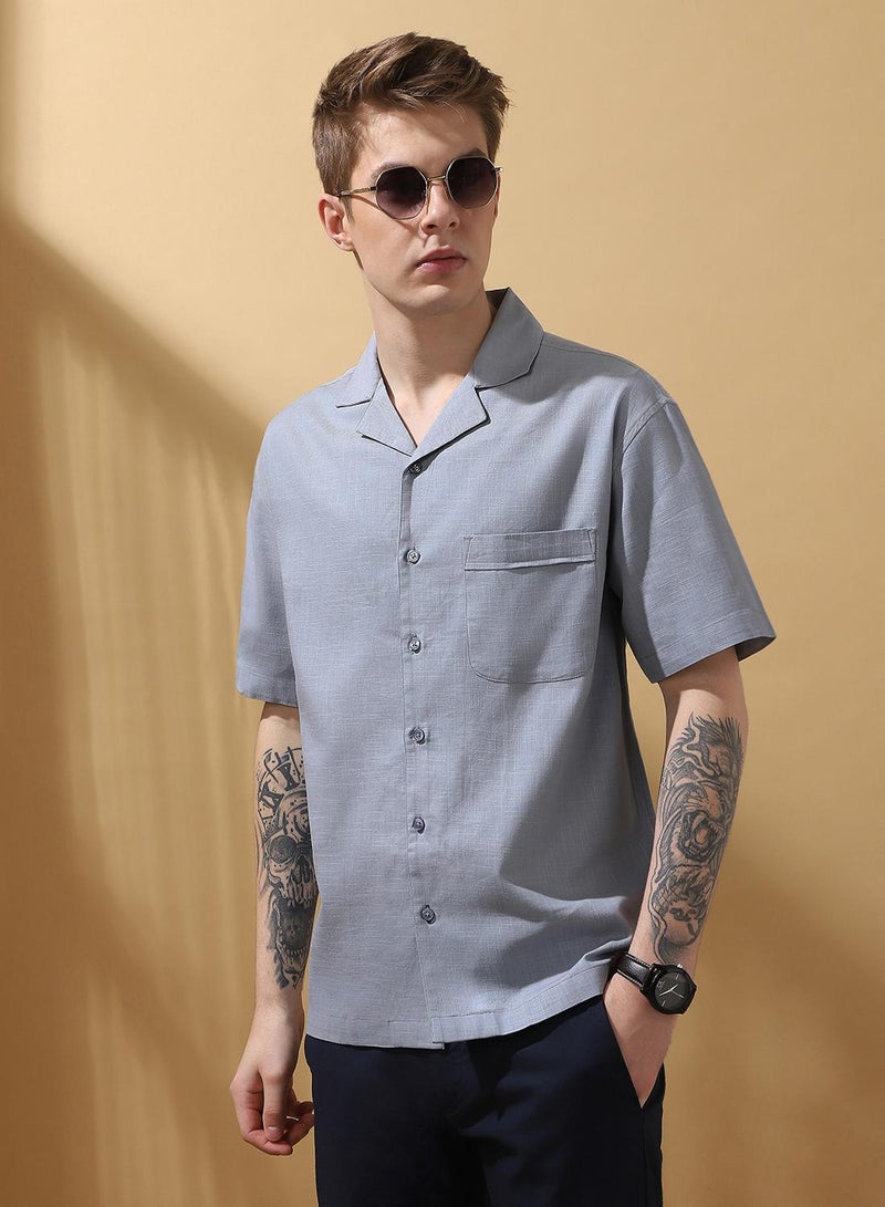 Dennis Lingo Men's Light Blue Cotton Blend Textured Button Down Relaxed Shirt  - Image 2