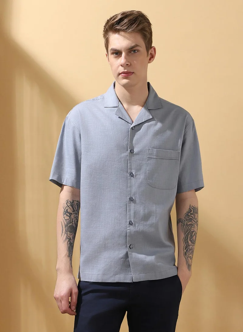Dennis Lingo Men's Light Blue Cotton Blend Textured Button Down Relaxed Shirt