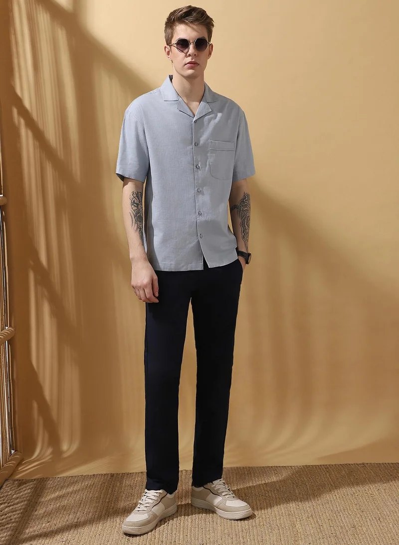 Dennis Lingo Men's Light Blue Cotton Blend Textured Button Down Relaxed Shirt