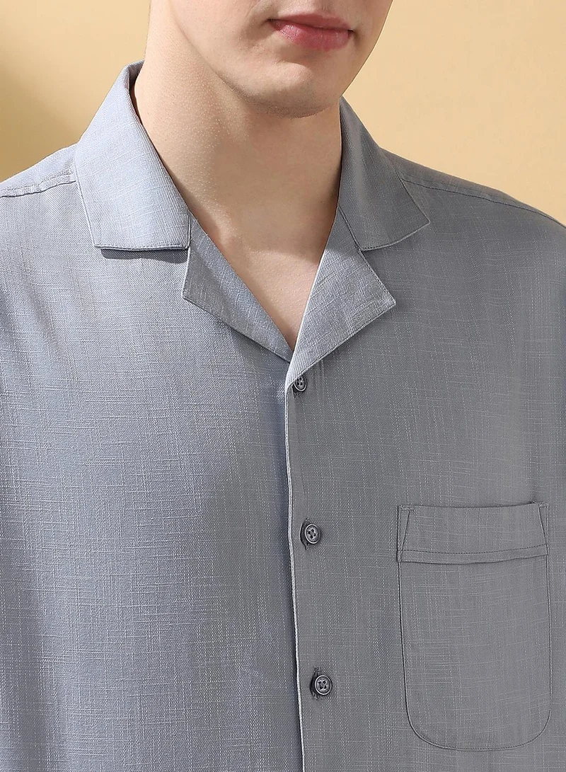 Dennis Lingo Men's Light Blue Cotton Blend Textured Button Down Relaxed Shirt