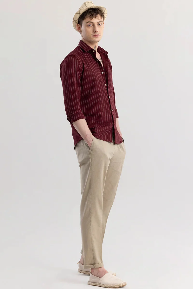 سنيتش Maroon Striped Long Sleeve Slim Fit Casual Shirt