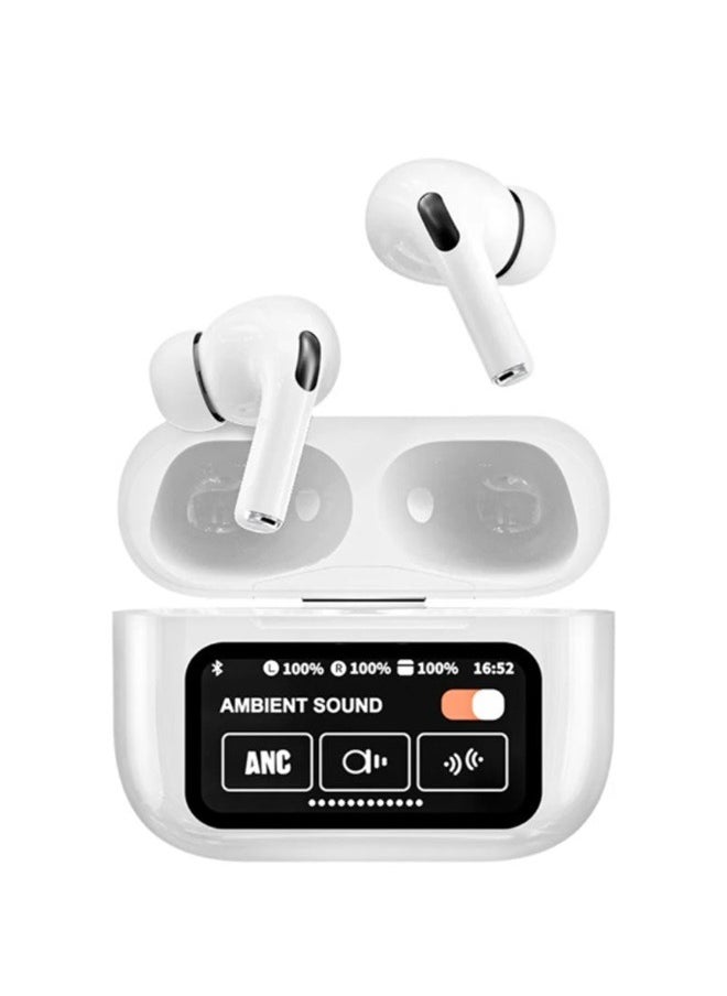 ANC - Multifunctional Airphone have a touch screen control and display. Compatible with all mobile phones and dual wireless systems. It has a noise cancellation feature with an application to control it. White color - Image 1