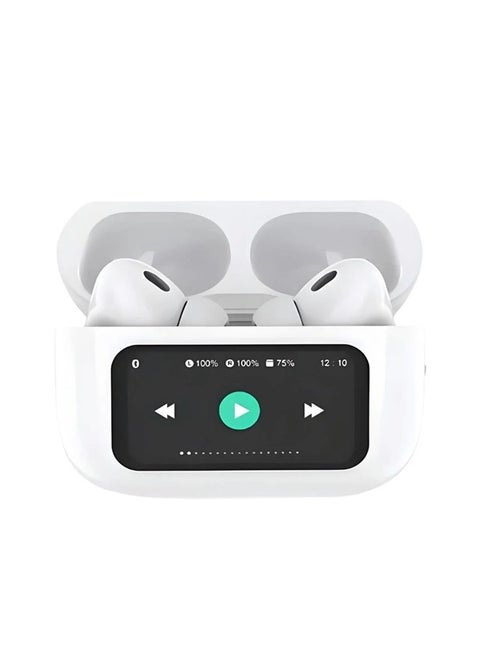 Multifunctional Airphone have a touch screen control and display. Compatible with all mobile phones and dual wireless systems. It has a noise cancellation feature with an application to control it. White color