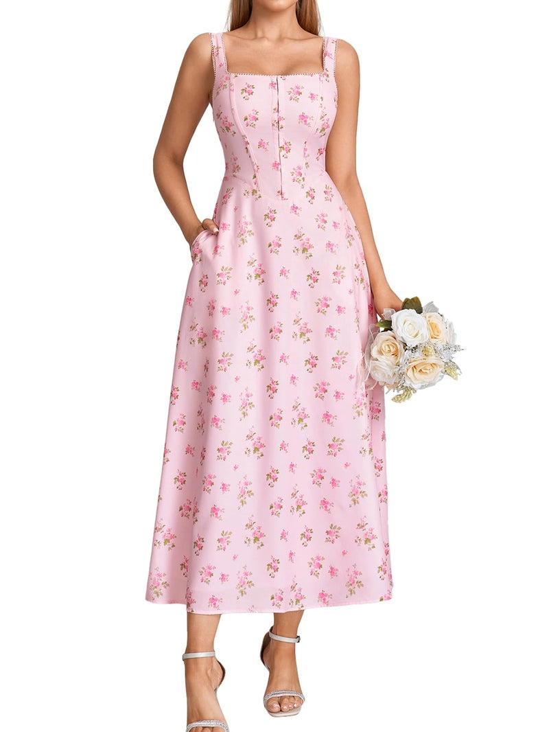 EYNMIN Floral Corset Midi Dress Lace Up Hook and Eye Flowy Milkmaid Summer Wedding Guest Dresses for Women with Pocket - Image 1