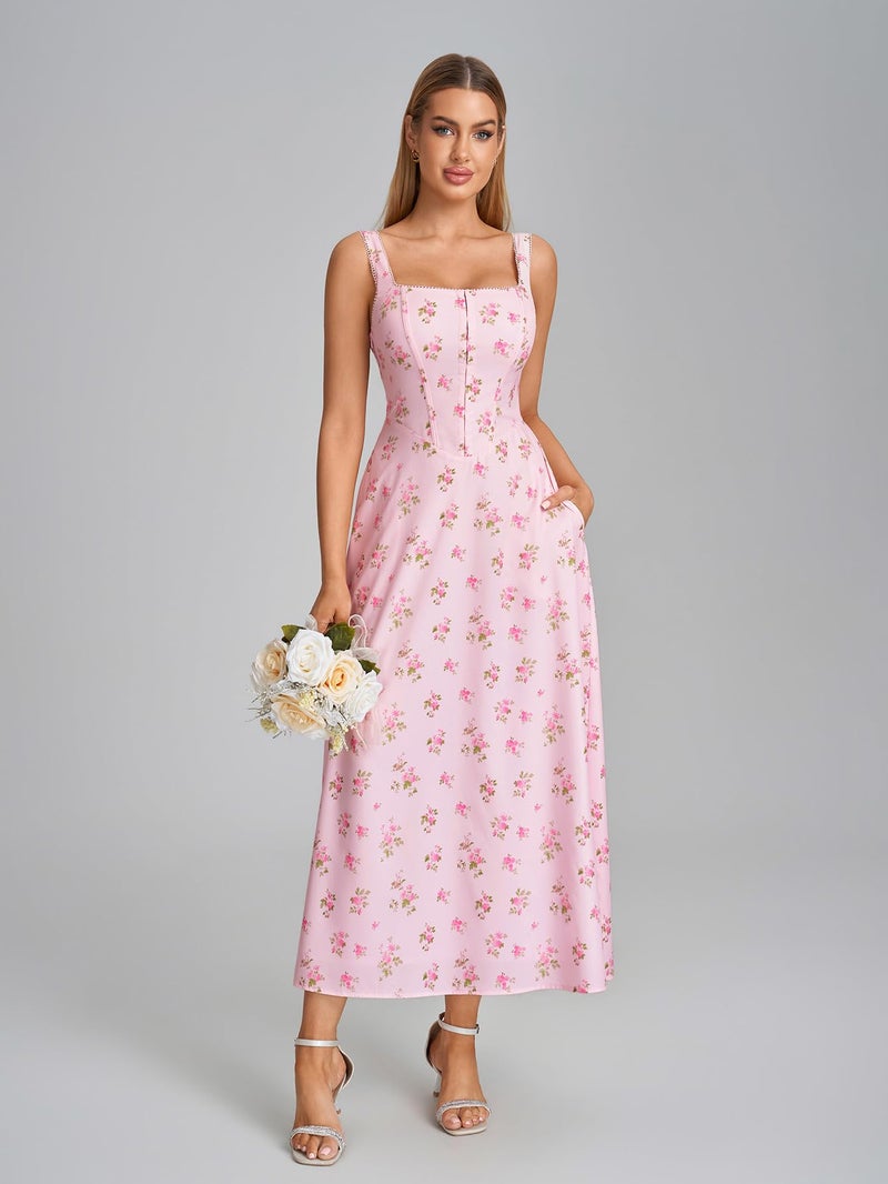 EYNMIN Floral Corset Midi Dress Lace Up Hook and Eye Flowy Milkmaid Summer Wedding Guest Dresses for Women with Pocket - Image 2