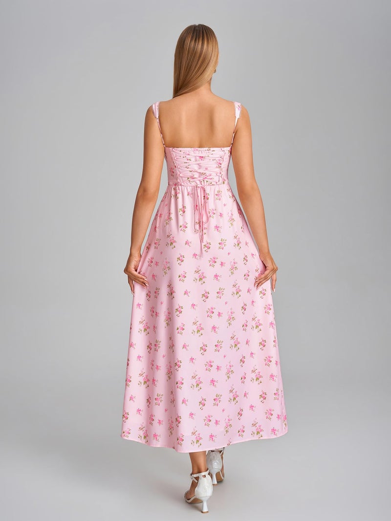 EYNMIN Floral Corset Midi Dress Lace Up Hook and Eye Flowy Milkmaid Summer Wedding Guest Dresses for Women with Pocket - Image 3