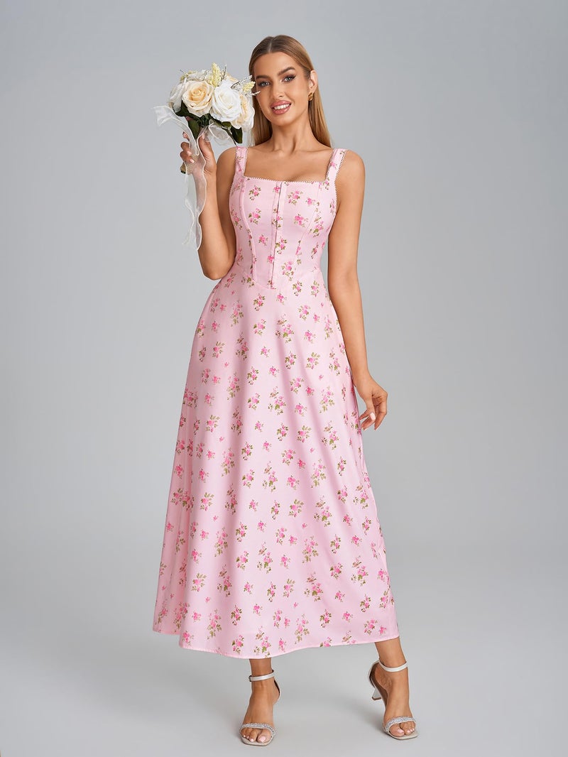 EYNMIN Floral Corset Midi Dress Lace Up Hook and Eye Flowy Milkmaid Summer Wedding Guest Dresses for Women with Pocket - Image 5