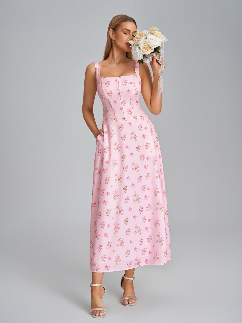 EYNMIN Floral Corset Midi Dress Lace Up Hook and Eye Flowy Milkmaid Summer Wedding Guest Dresses for Women with Pocket - Image 4