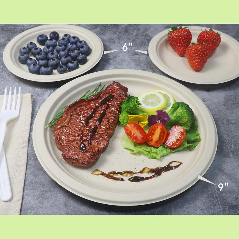 GreenWorks 100 Count 6â€œ Small Compostable Dessert Plates, Heavy-duty Unbleached Biodegradable Bagasse and Bamboo fiber Paper Plates - Image 4