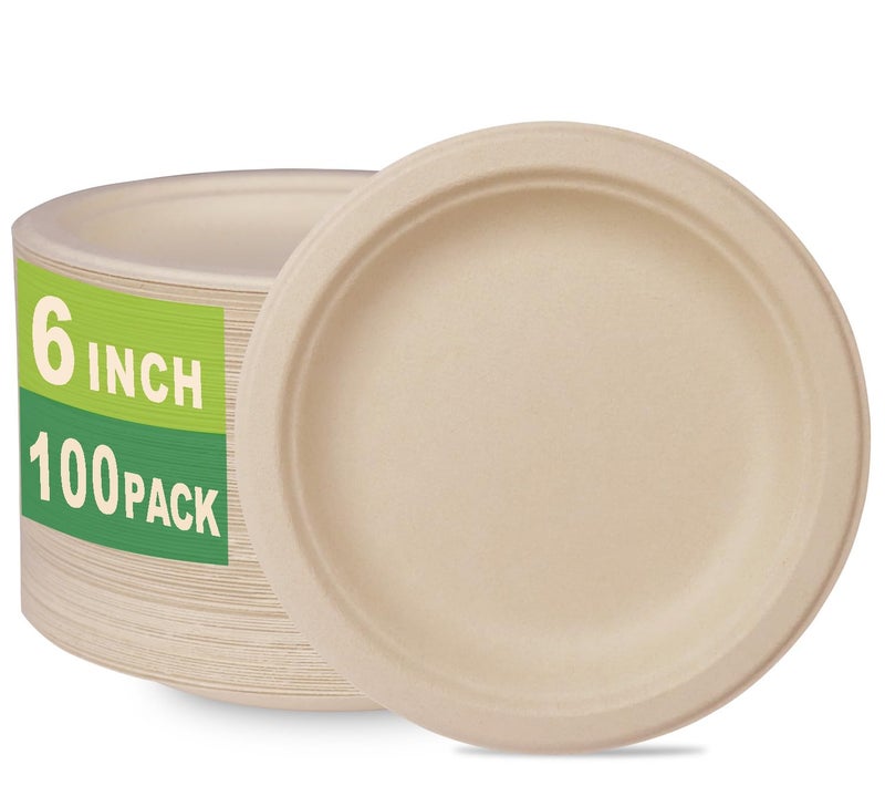 GreenWorks 100 Count 6â€œ Small Compostable Dessert Plates, Heavy-duty Unbleached Biodegradable Bagasse and Bamboo fiber Paper Plates - Image 1
