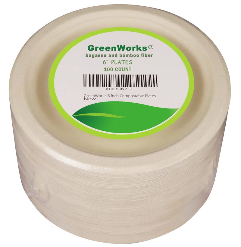 GreenWorks 100 Count 6â€œ Small Compostable Dessert Plates, Heavy-duty Unbleached Biodegradable Bagasse and Bamboo fiber Paper Plates - Image 5