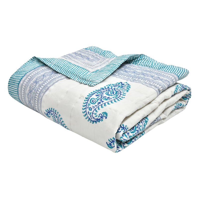 BLOCKS OF INDIA Cotton Single Size Quilt Hand Block Print for Light Winters (60x90 Inches) (Blue JAAL) - Image 1