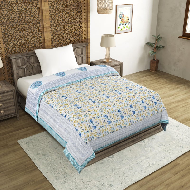 BLOCKS OF INDIA Cotton Single Size Quilt Hand Block Print for Light Winters (60x90 Inches) (Blue JAAL) - Image 3
