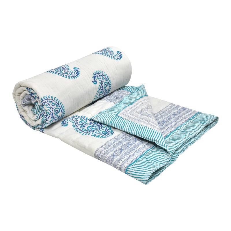 BLOCKS OF INDIA Cotton Single Size Quilt Hand Block Print for Light Winters (60x90 Inches) (Blue JAAL) - Image 2