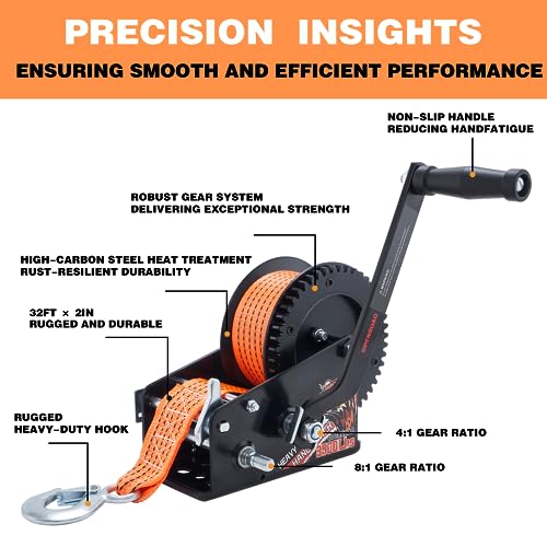 OPENROAD 3500LB Boat Trailer Winch - Heavy Duty Hand Winch with 32 FT Orange Strap, 2-Way Ratchet With 4:1/8:1 Gear - Ideal for Boat, Truck, Trailer, RV, ATV and Jet Ski - Includes Installation Screws - Image 3