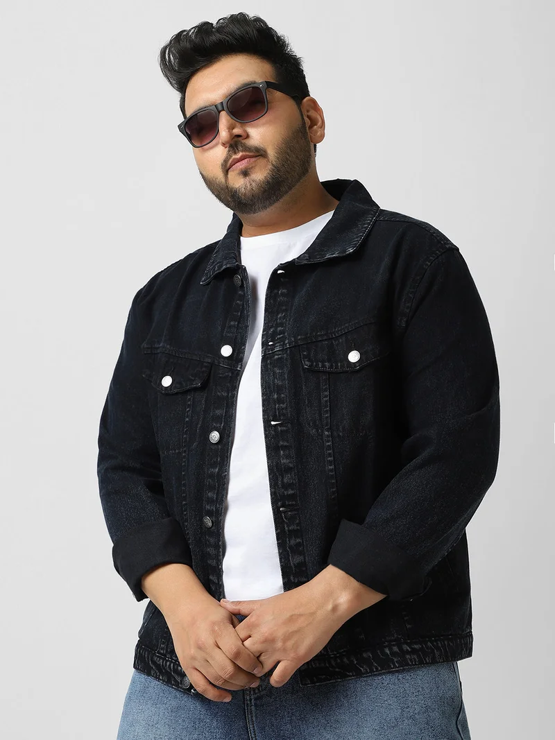 أوربانو فاشن Urbano Plus Men's Black Regular Fit Washed Full Sleeve Denim Jacket