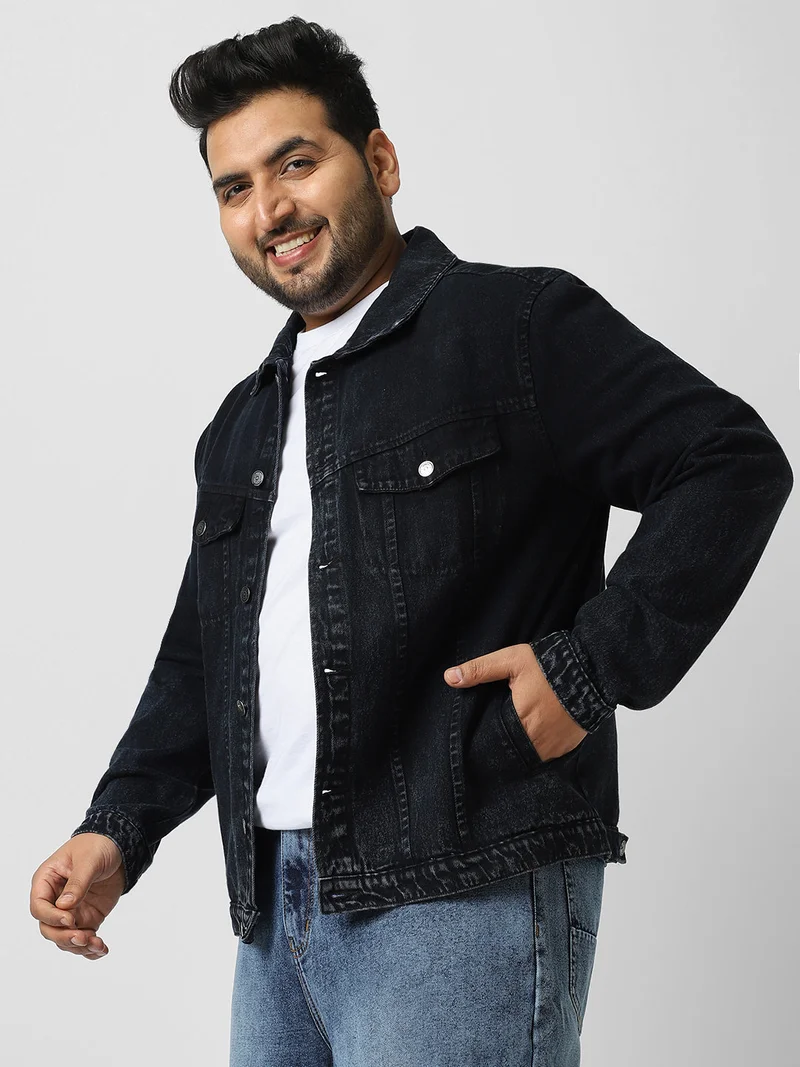 أوربانو فاشن Urbano Plus Men's Black Regular Fit Washed Full Sleeve Denim Jacket