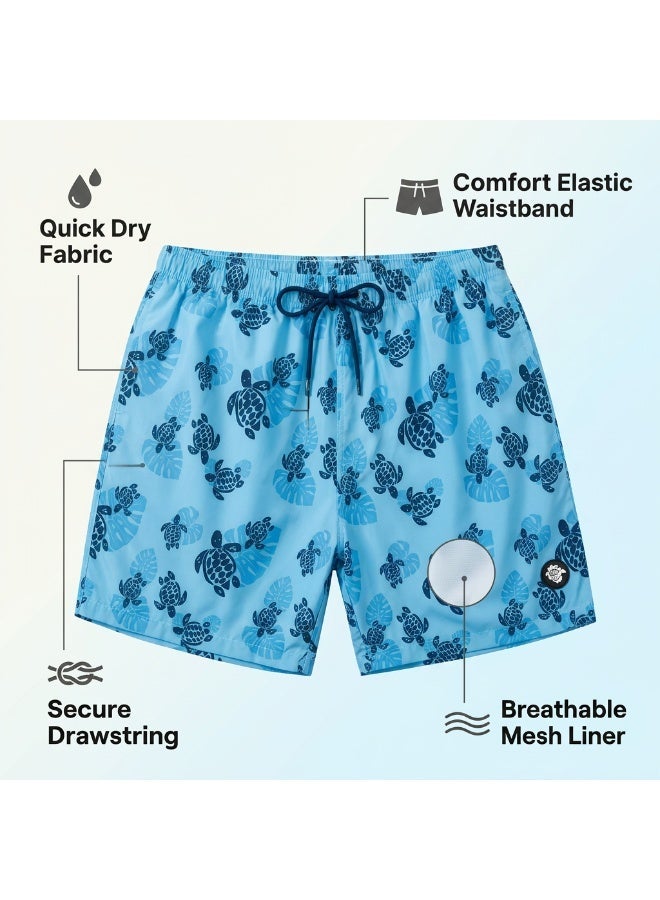 IceZone Men's Swim Trunks, Quick Dry Beach Shorts, Turtle Splash Blue Print with Mesh Lining & Pockets - Image 2