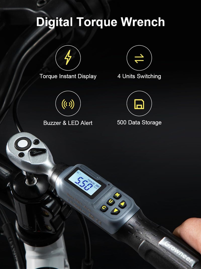GROWNEER Digital Torque Wrench, 1.1-22.1 Ft-lbs/1.5-30 Nm, 1/4'' Drive Inch Pound Torque Wrench with Buzzer & LED Indicator, Electronic Wrench Set with Bits & Sockets for Gunsmithing Bike Motorcycle - Image 3