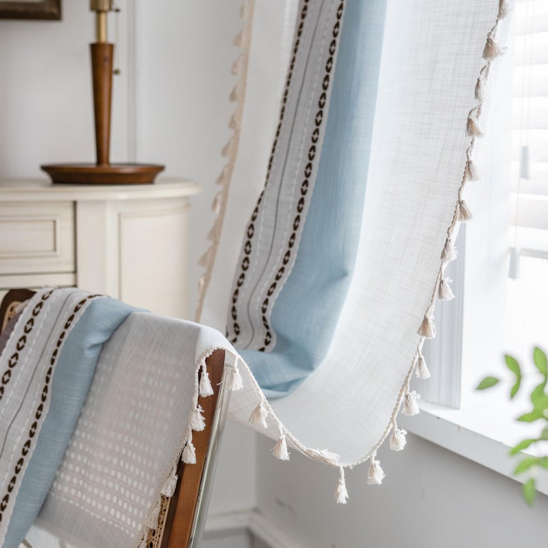 Sutuo Home Boho Curtains 63 inches for Kitchen Bedroom, Semi Blackout Linen Farmhouse Tassels Window Treatment Bohemian Embroidery Drape, Rod Pocket 1 Panel 52" W x 63" L, Brown Blue Striped Linen - Image 5