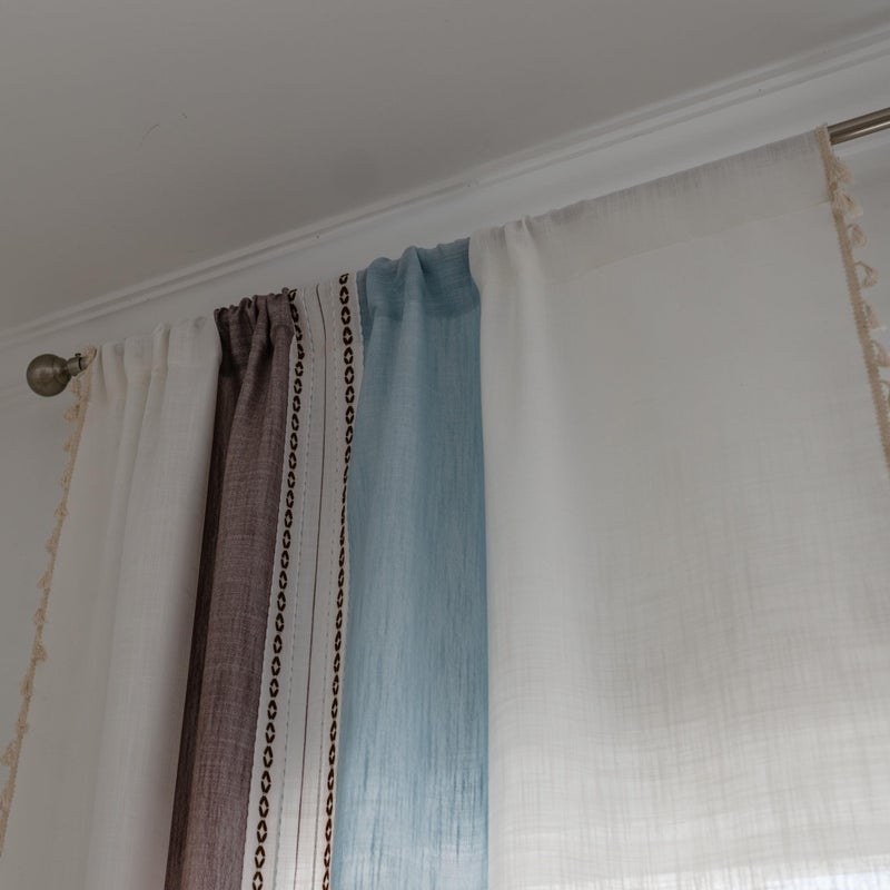 Sutuo Home Boho Curtains 63 inches for Kitchen Bedroom, Semi Blackout Linen Farmhouse Tassels Window Treatment Bohemian Embroidery Drape, Rod Pocket 1 Panel 52" W x 63" L, Brown Blue Striped Linen - Image 4