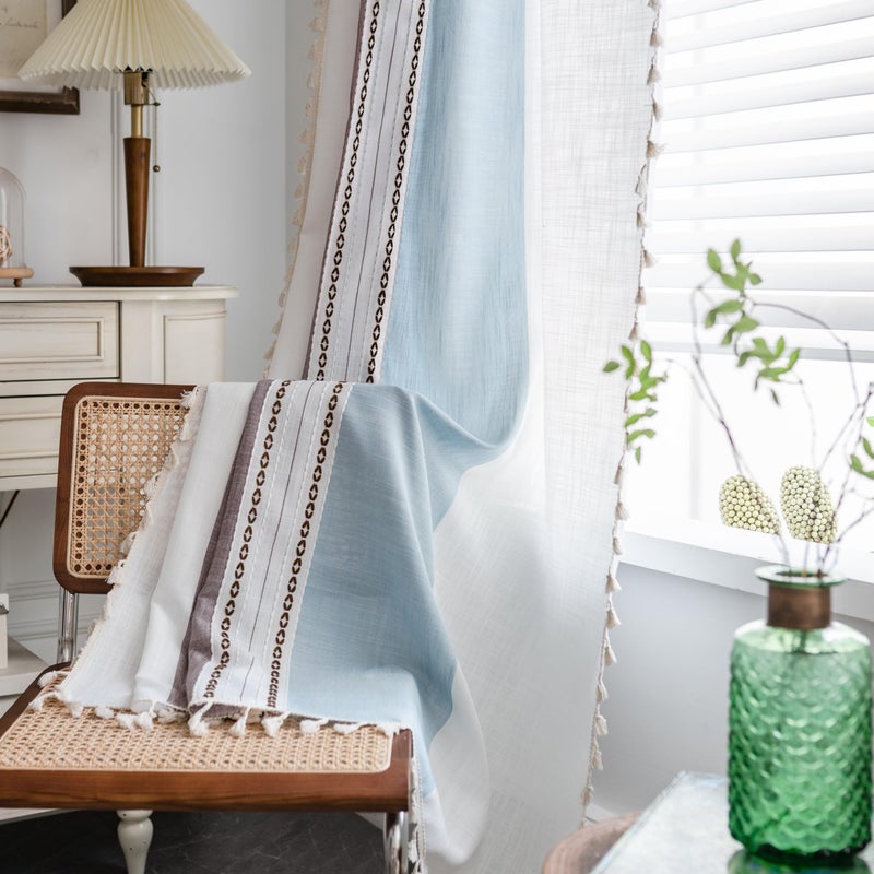Sutuo Home Boho Curtains 63 inches for Kitchen Bedroom, Semi Blackout Linen Farmhouse Tassels Window Treatment Bohemian Embroidery Drape, Rod Pocket 1 Panel 52" W x 63" L, Brown Blue Striped Linen - Image 3