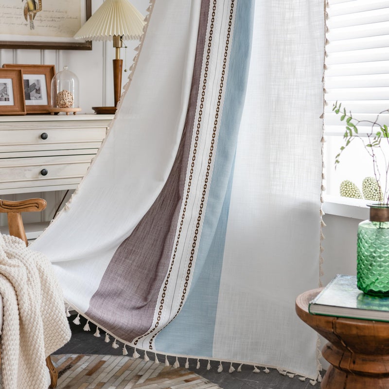 Sutuo Home Boho Curtains 63 inches for Kitchen Bedroom, Semi Blackout Linen Farmhouse Tassels Window Treatment Bohemian Embroidery Drape, Rod Pocket 1 Panel 52" W x 63" L, Brown Blue Striped Linen - Image 1