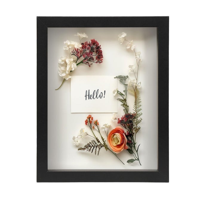 85 x 11 Black Wooden Shadow Box Frame Display Case with Soft Felt Back Memory Box with Tempered Glass Display Box with Elegant White Ball Push Pins Wooden Flower Box