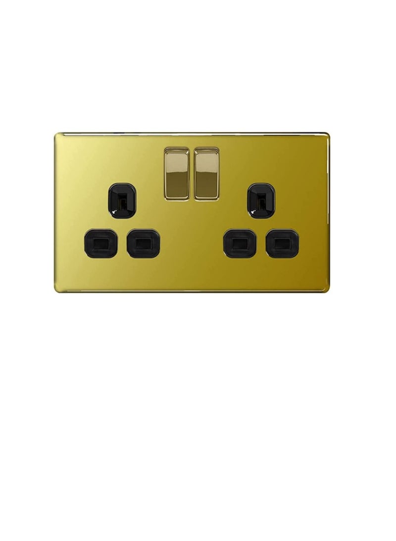 British General Flatplate Screwless Polished Brass 13A 2 Gang Double Pole Switched Socket with Black Insert, FPB22B  - Image 2