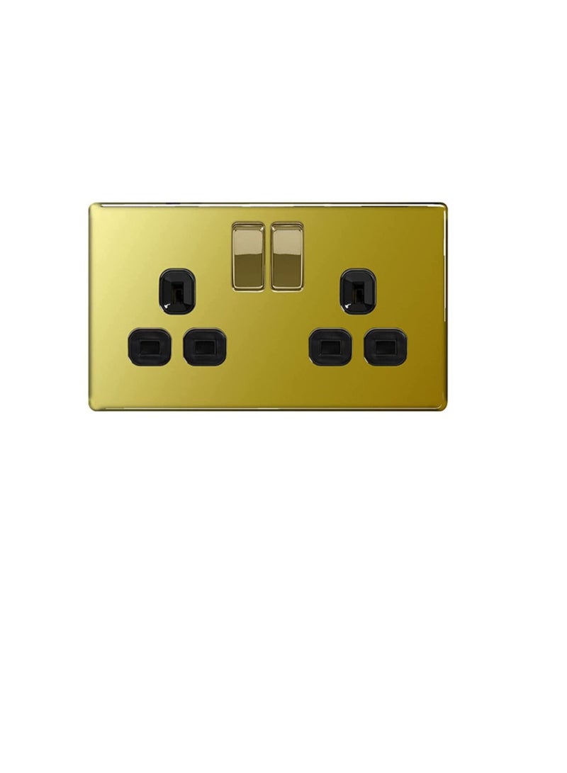 British General Flatplate Screwless Polished Brass 13A 2 Gang Double Pole Switched Socket with Black Insert, FPB22B  - Image 3