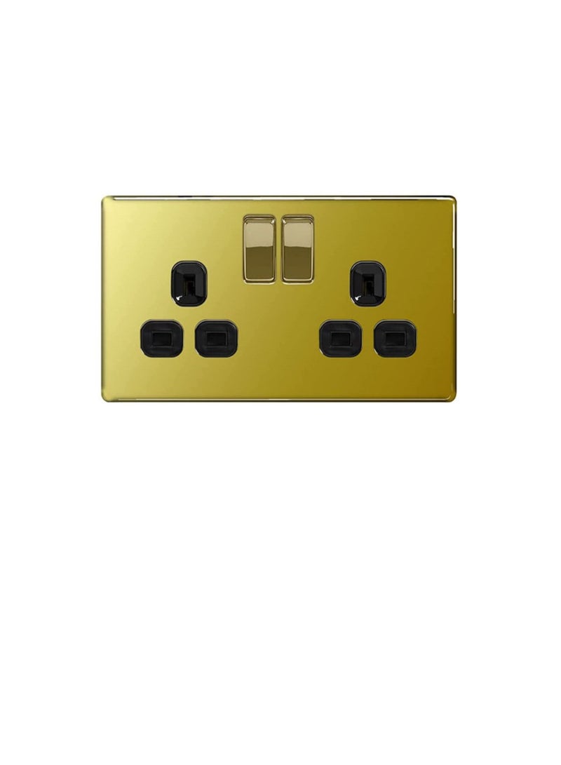 British General Flatplate Screwless Polished Brass 13A 2 Gang Double Pole Switched Socket with Black Insert, FPB22B  - Image 1