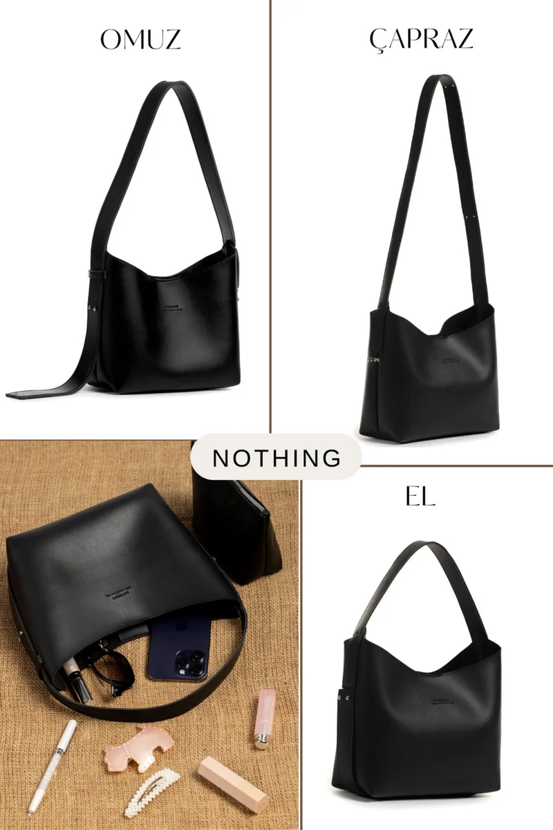 نوثينج Women's Leather Snap Makeup Bag 3-Stage Design Adjustable Strap Hand, Shoulder and Crossbody Bag