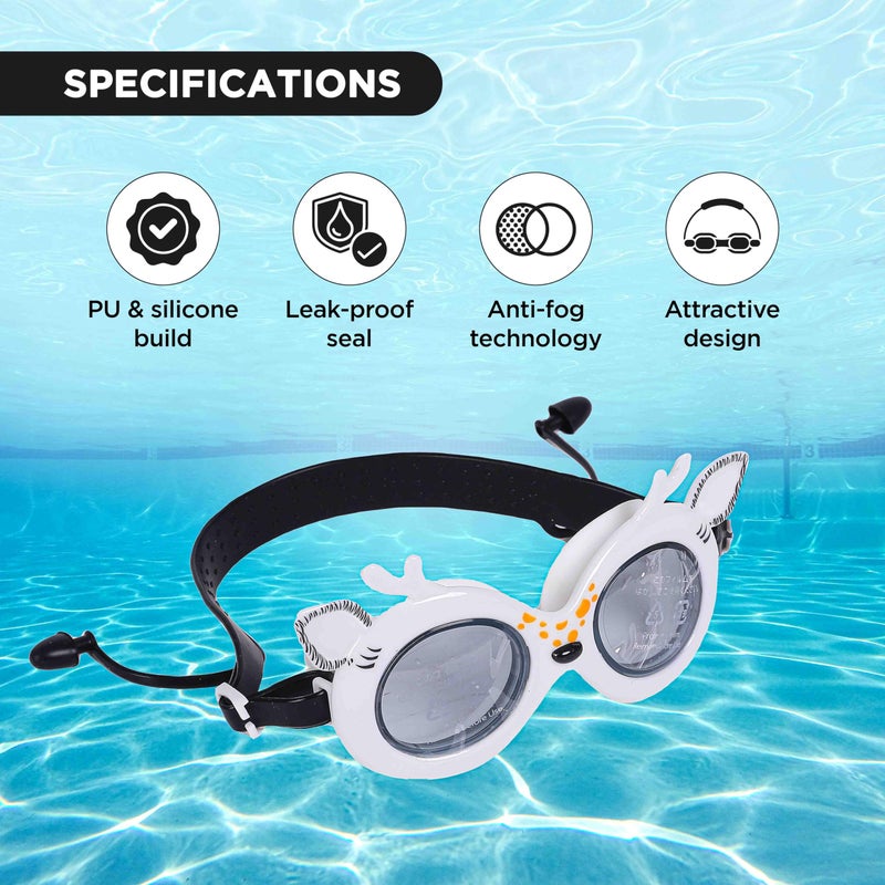 Endless EL1003 Children Swimming Goggle with Anti-Fog and UV Protection | White | Attached Ear Buds and Adjustable Strap | Soft Silicone Gasket for Leak Proof | Hard Case - Image 2
