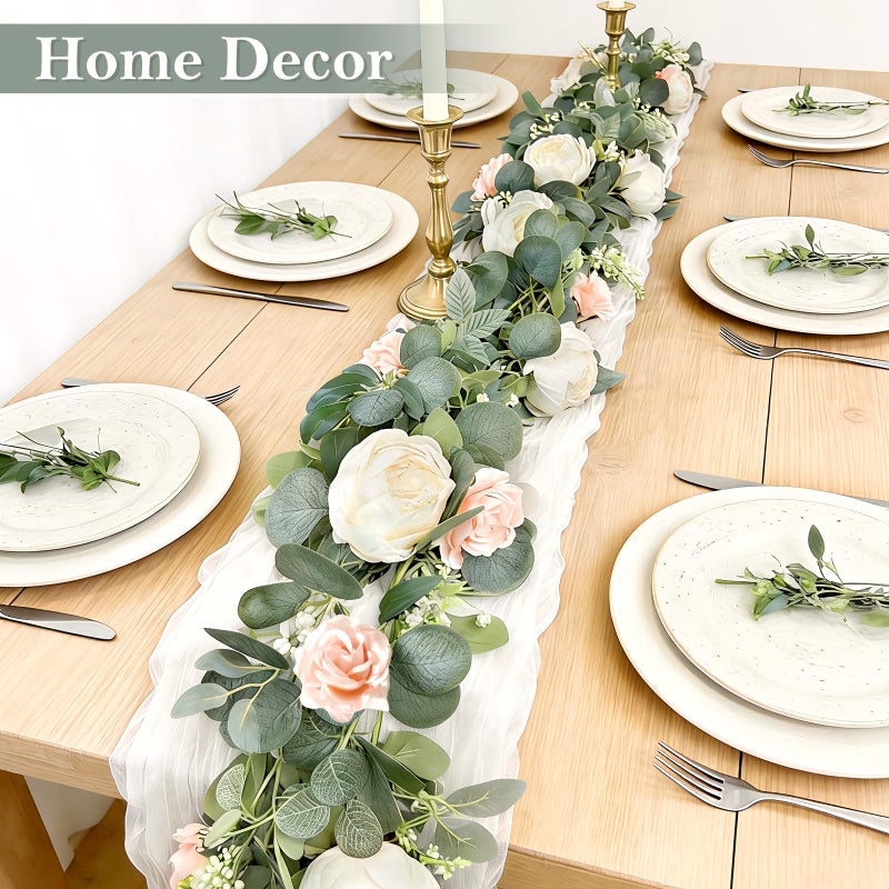 Grandeal 2 Pack 13Ft Artificial Eucalyptus Flower Garland with 16 White Peony Pink Rose, Baby Breath Fake Flowers Greenery Garland Floral Vine for Mantle Wedding Table Runner Centerpiece Backdrop Home Decor - Image 5