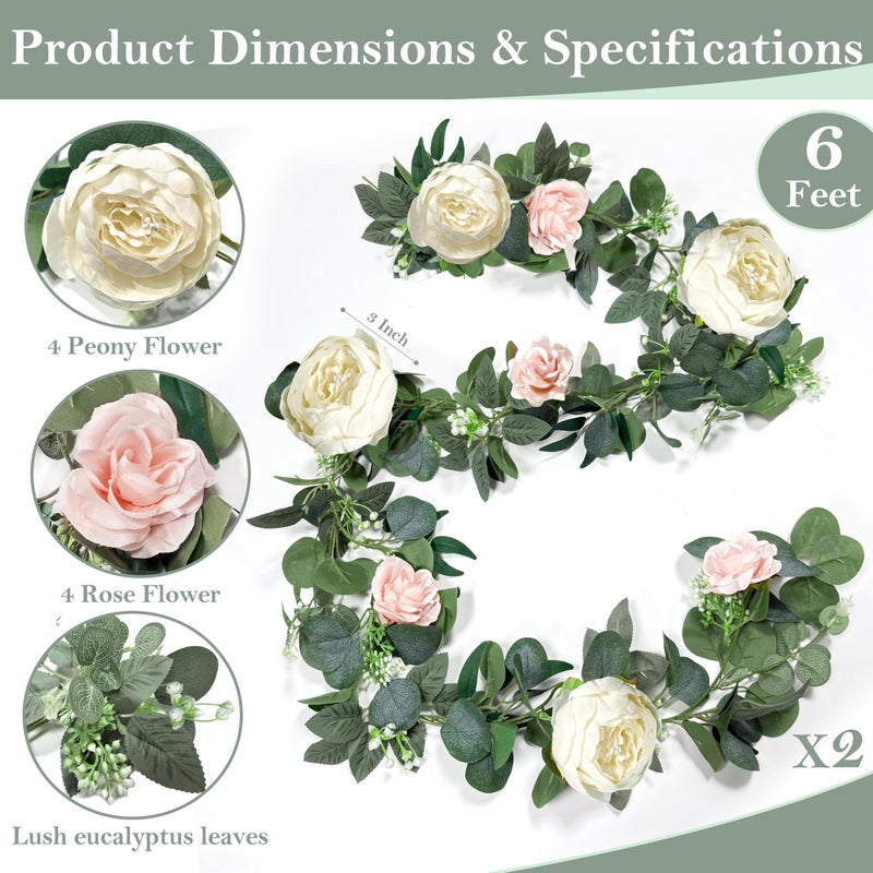 Grandeal 2 Pack 13Ft Artificial Eucalyptus Flower Garland with 16 White Peony Pink Rose, Baby Breath Fake Flowers Greenery Garland Floral Vine for Mantle Wedding Table Runner Centerpiece Backdrop Home Decor - Image 2