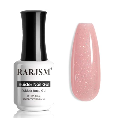 RARJSM Nude Rubber Base Gel Nail Polish Rainbow Glitter Sheer Light Pink Rubber Base for Nails Iridescent Brush on Quick Extend Builder Hard Gel Soak Off Curing Requires 15ml French Manicure - Image 1