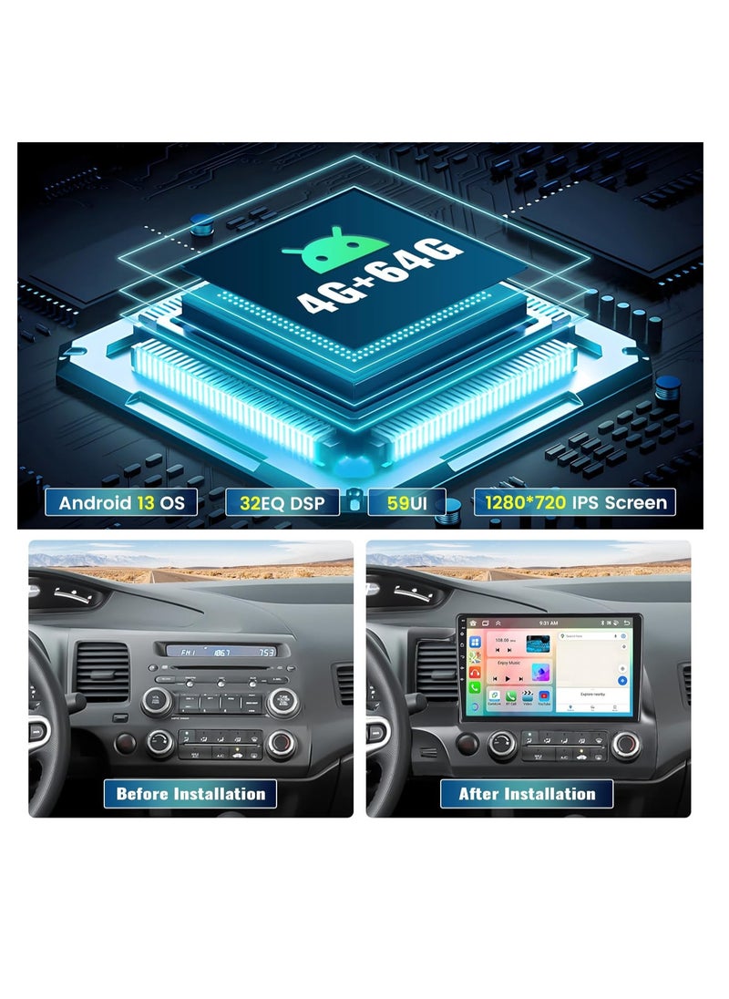 Generic - 8 Core/4G+64G Android Car Stereo for Honda Civic 2006-2011 Wireless Carplay&Android Auto, 10.1" IPS Touchscreen 1280 * 720 DSP Auto Radio GPS Bluetooth FM/RDS 32EQ WiFi SWC+Backup Cam&Mic - Image 1