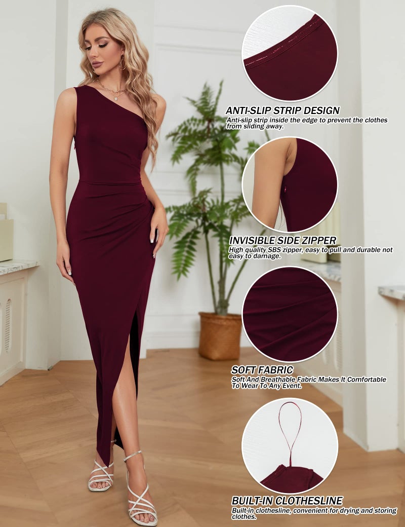 Sarin Mathews Womens One Shoulder Long Formal Dress Sexy Summer Sleeveless Bodycon Ruched Wrap Split Cocktail Dresses Burgundy L - Image 4
