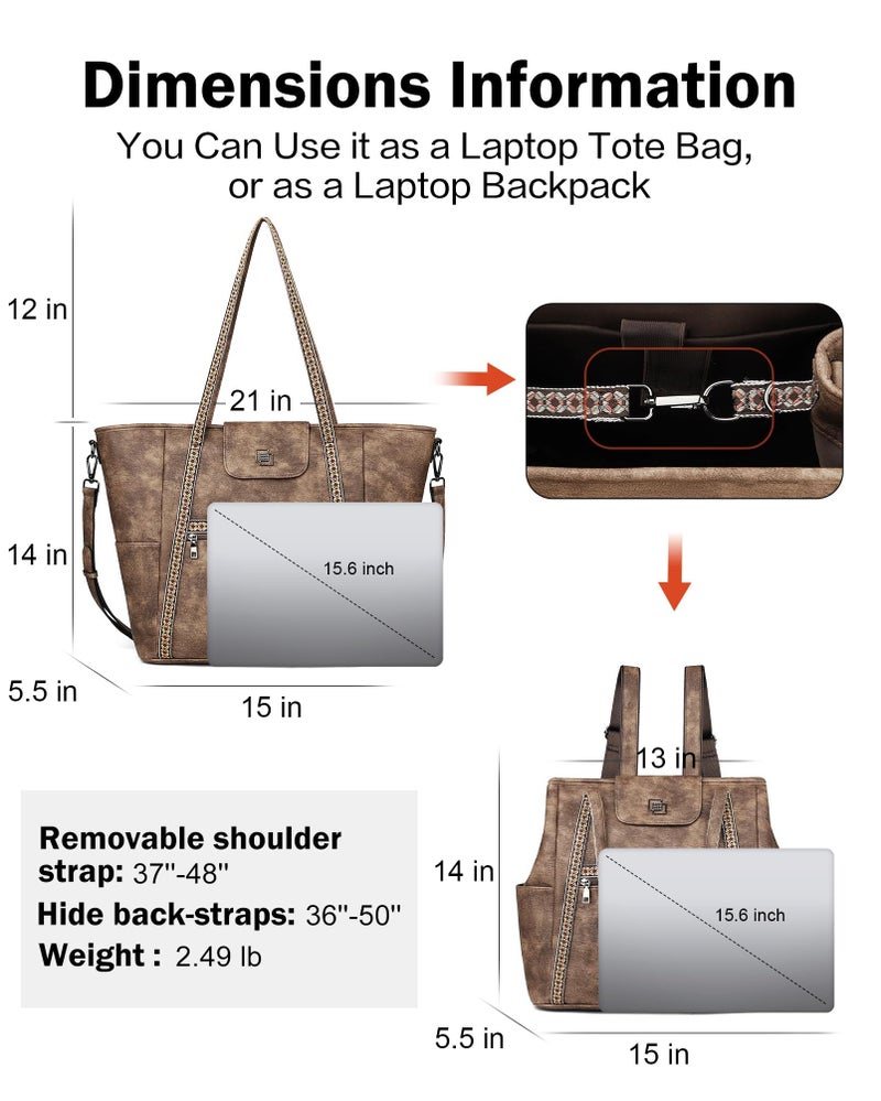 FADEON Large Laptop Tote Bag for Women Designer Leather Laptop Bag Fashion Travel Backpack Purse Shoulder Handbag Coffee - Image 4